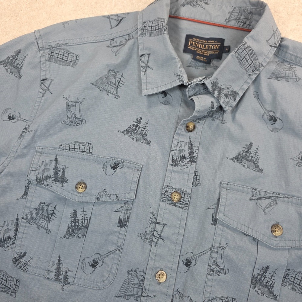 Pendleton Riley Shirt Mens L Gray Scenic Camp Print Ripstop Button Up Guitar AOP